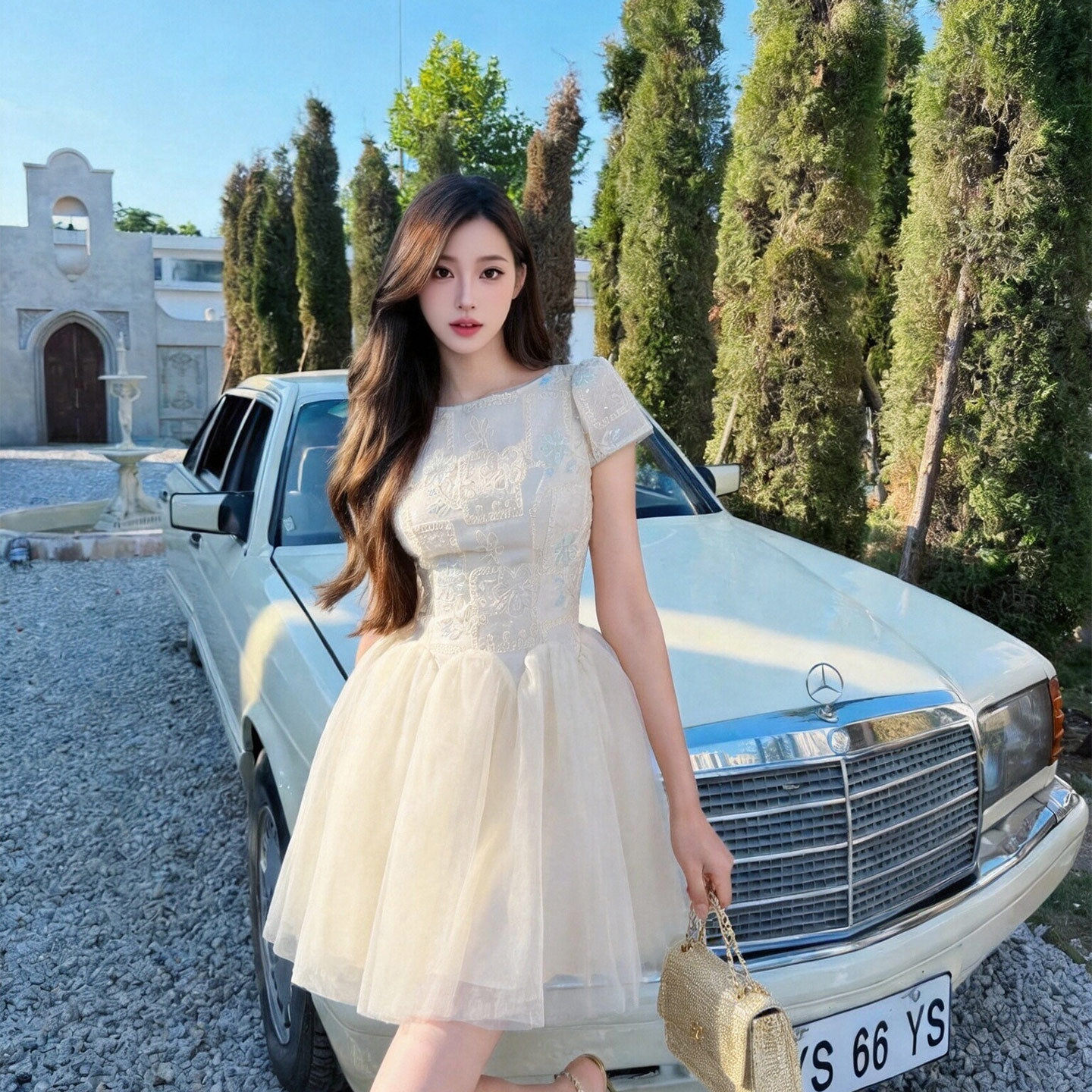 法式圆领刺绣网纱短裙女收腰显瘦甜美成人礼聚会杏色小礼裙48250