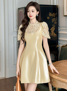 2026夏季新款女甜美气质蕾丝立领镶钻A字连衣裙收腰显瘦裙女21171