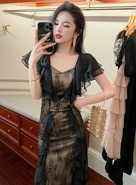 2025新款法式气质荷叶边袖修身长裙名媛设计感蕾丝连衣裙夏10519