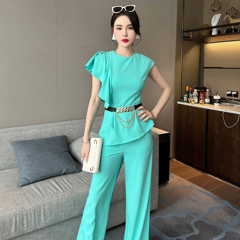 两件套2026夏季新款时尚气质设计感收腰上衣高腰阔腿长裤套装5659