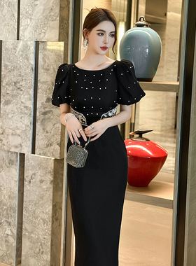 2025夏季新款女装精致名媛泡泡袖设计感收腰显瘦黑色连衣裙21148