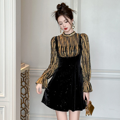 2025秋冬装法式重工镶钻收腰显瘦假两件拼接亮片丝绒连衣裙21560