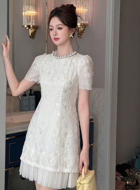 2025夏季新款女装法式气质圆领设计感蕾丝亮片木耳边连衣裙21735