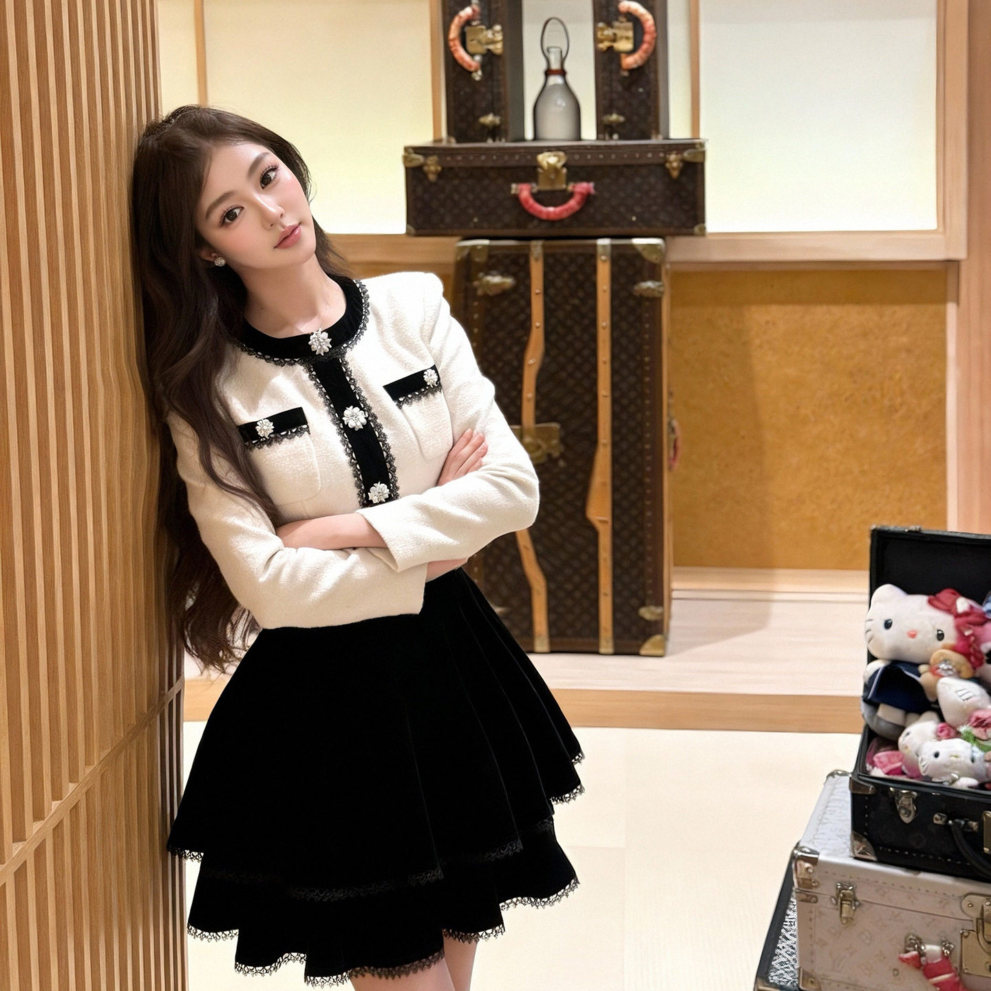 2026春装新款女装法式圆领撞色拼接收腰小个子蓬蓬连衣裙45483