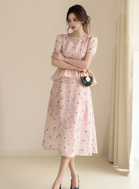 2025夏季新款女装法镶钻圆领收腰荷叶边遮腹a字摆粉色连衣裙21752