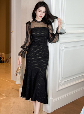 精致长裙2025秋装新款女装法式网纱拼接修身亮片鱼尾连衣裙20760