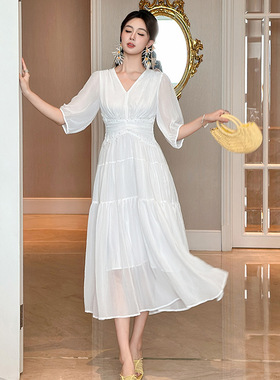 精致飘逸垂坠感仙女气质雪纺连衣裙秋季茶歇法式初恋长裙45225