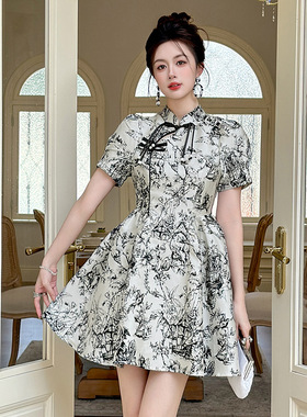 2026夏季新款女装中国风新中式旗袍水墨画收腰显瘦a字连衣裙61878