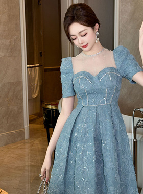 2025夏季新款女重工设计感镶钻圆领泡泡袖收腰A字蕾丝连衣裙91017