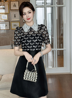 夏季新款法式娃娃领撞色收腰黑色连衣裙夏亮片钉珠洋气A字裙70281