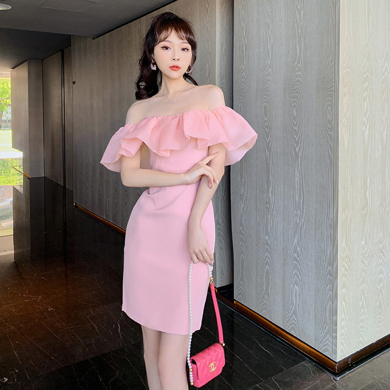 2026夏季新款女装名媛甜美荷叶边一字领露肩礼服裙包臀连衣裙9343