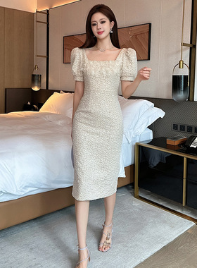 礼服裙2025夏季新款女装法式方领立体花朵修身泡泡袖连衣裙21732