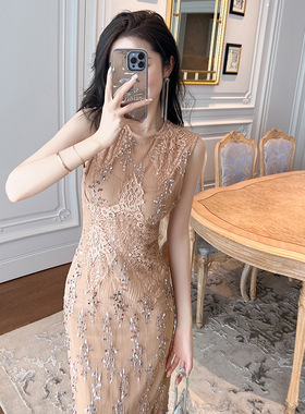 高级感晚礼服裙2025夏季新款法式设计感亮片网纱修身连衣裙10445