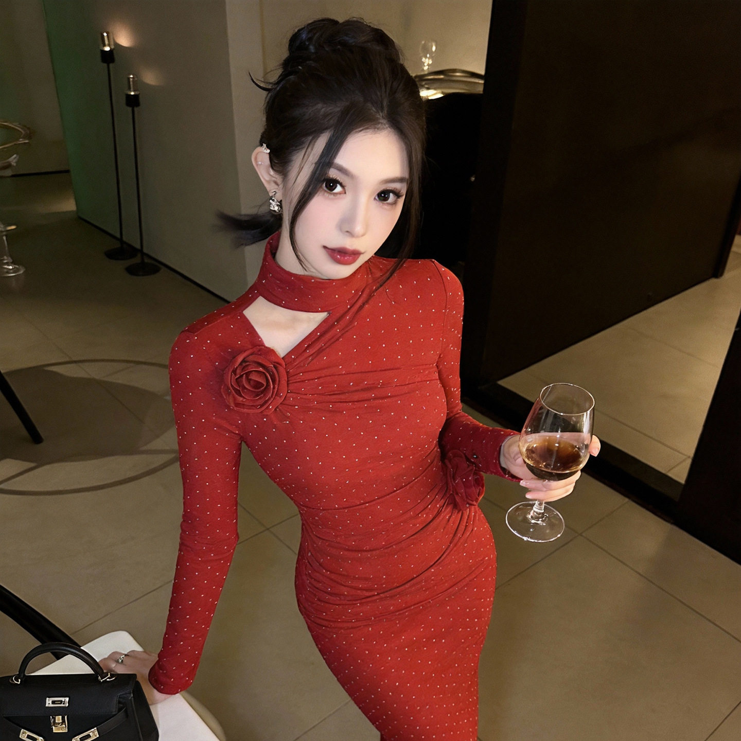 复古港风连衣裙红色烫钻立体玫瑰花褶皱收腰修身包臀裙子女56057