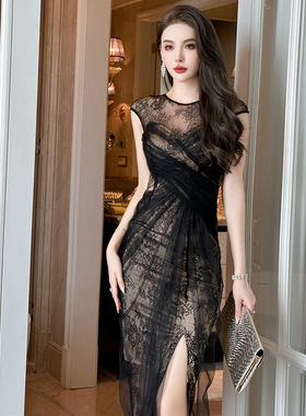 设计感包臀蕾丝长裙2025夏季新款名媛圆领修身网纱开连衣裙10553