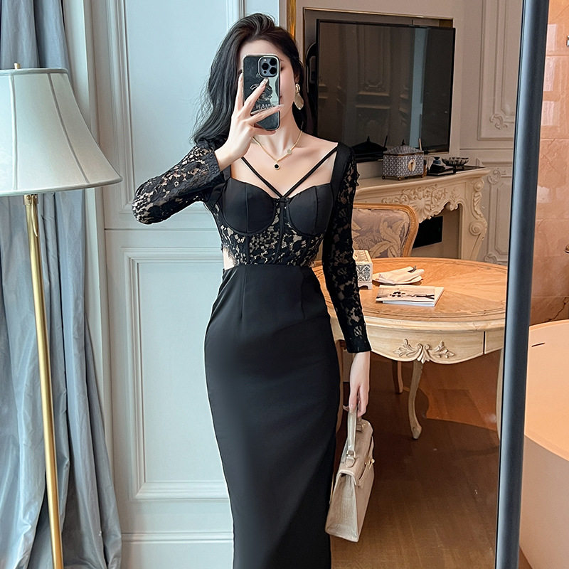 2025秋冬装新款女装法式性感蕾丝拼接镂空高腰包臀连衣裙内搭9672