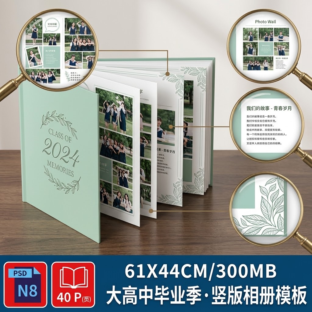 毕业季竖版相册模板PSD排版大学高中初中毕业照n8纪念相册PS素材图片