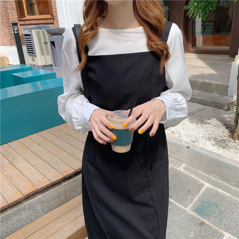 Real price Black Loose and slim hem split waistcoat long skirt + white Long Sleeve Shirt