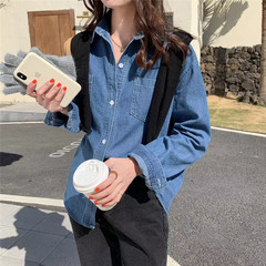 Real price ~ denim shirt with early spring 2021 Korean new loose Retro Blue Shirt