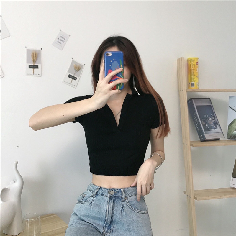 實拍實價 2021新款潮網紅v領修身針織衫短袖t恤女打底衫短款