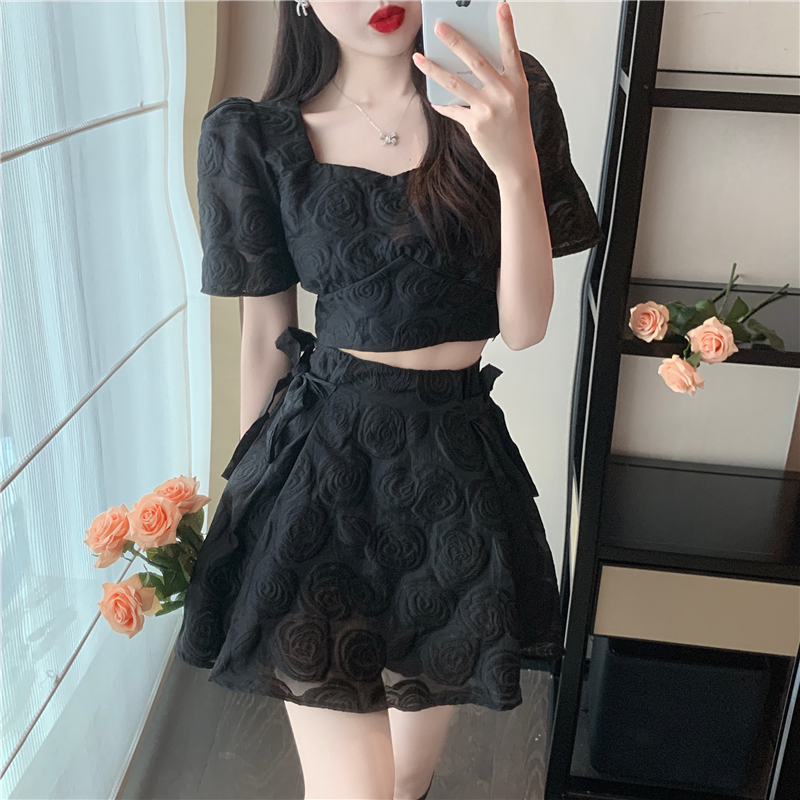 Real price French style square neck bubble sleeve jacquard jacket + high waist tie skirt