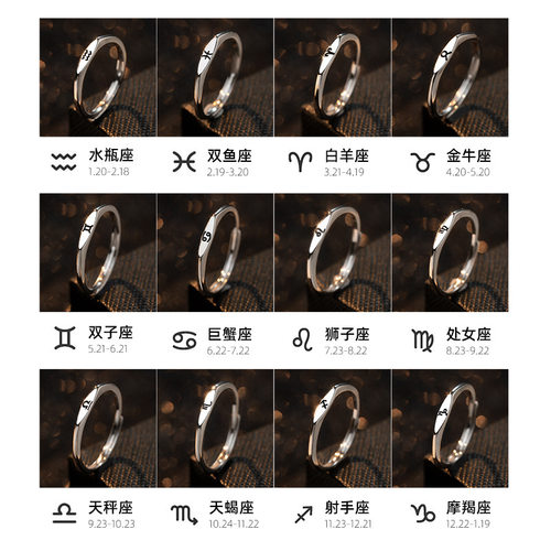 简约十二星座藏银戒指