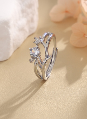 日韩复古树枝水钻藏银戒指女士个性文艺森系气质开口枝条素银指环