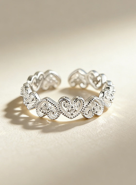 日韩复古水钻爱心藏银戒指女士简约时尚酷飒个性开口饰品指环礼物