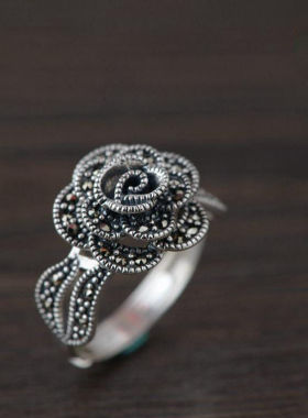 复古玫瑰花镶嵌锆石泰银