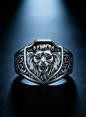 欧美复古狮子盾牌藏银戒指男女个性王者霸气开口饰品情侣指环礼物