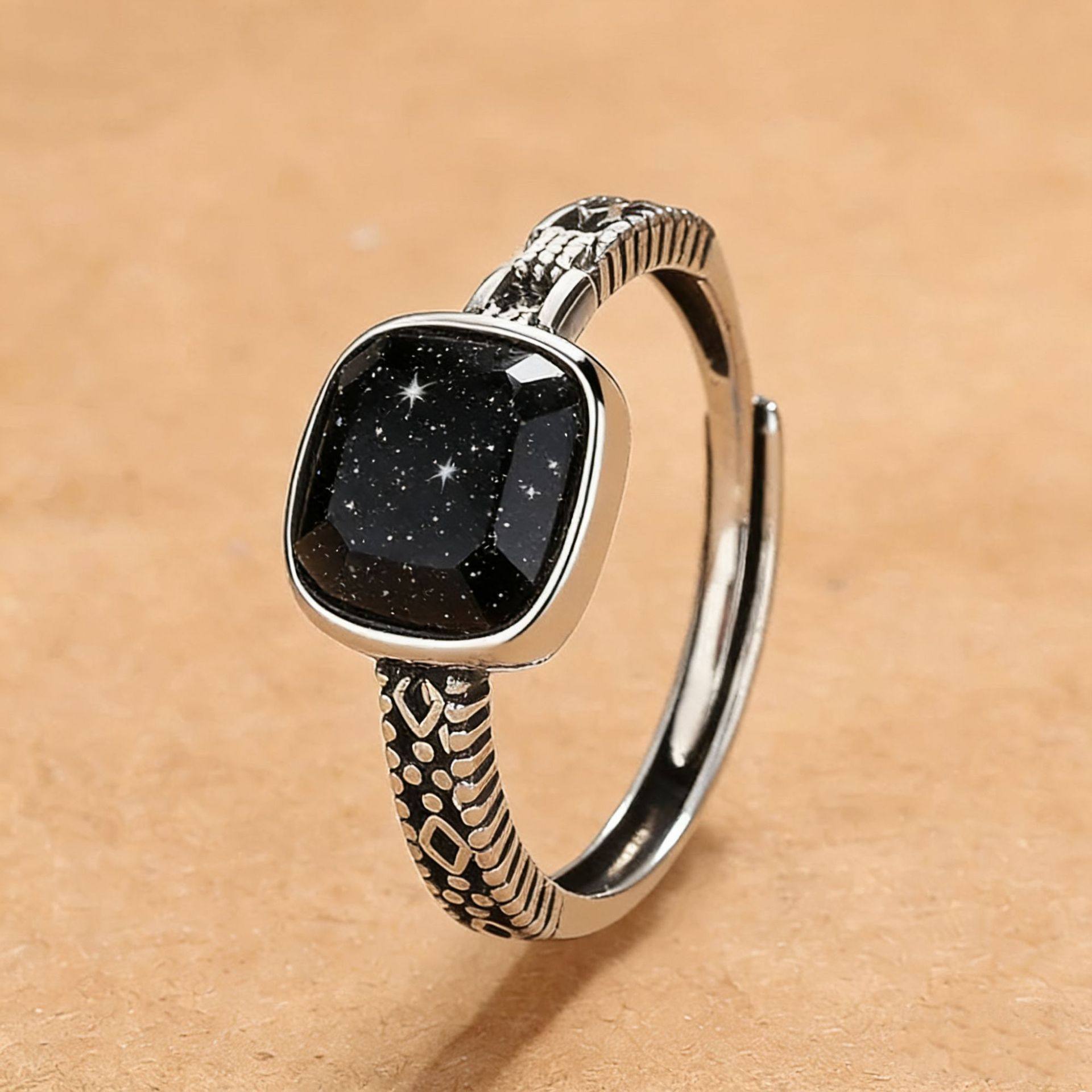 欧美复古方形菱面黑石藏银戒指女士轻奢百搭开口饰品素银指环礼物