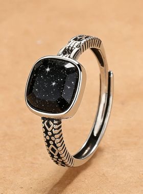 欧美复古方形菱面黑石藏银戒指女士轻奢百搭开口饰品素银指环礼物