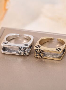 欧美复古个性朋克双层十字军花藏银戒指男女嘻哈开口饰品情侣指环