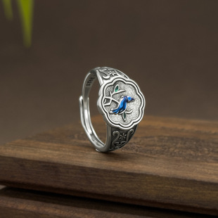 国潮复古烧蓝古风喜鹊登梅藏银戒指女士个性开口饰品素银指环礼物