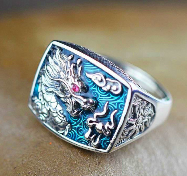 国潮复古烧蓝飞龙祥云藏银戒指男女个性开口饰品霸气潮流时尚指环