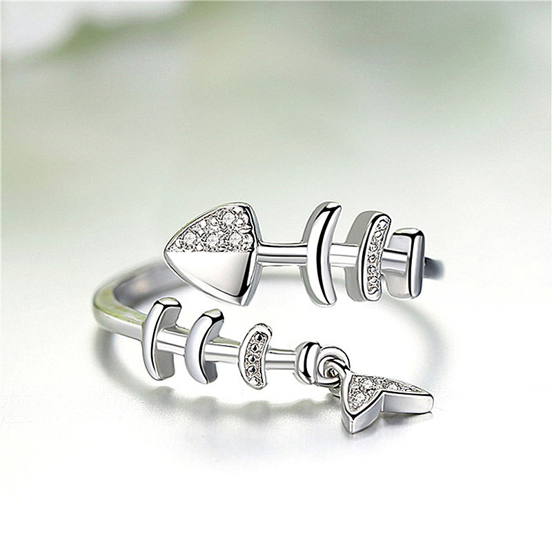 日韩复古可爱鱼骨头藏银戒指环女士个性潮人指环简约清新开口饰品