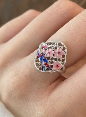 国潮三朵桃花燕归来藏银戒指