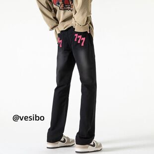 学生vibe裤子ins高街潮黑色宽松直筒印花潮牛仔裤男童春秋季烟管