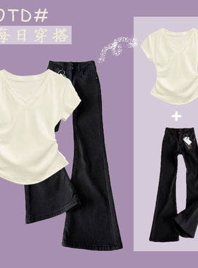 美式高街中大童裤子夏季女童两件套黑色微喇牛仔裤修身微喇短袖潮
