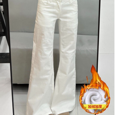 加绒加厚美式ins复古白色微喇叭牛仔裤女秋冬童装低腰显瘦阔腿裤