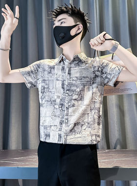 XS小码男装夏季新款潮流个性印花短袖衬衫男社会小伙潮牌休闲衬衣