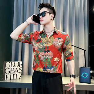 小码男装夏季男士S号S码七分袖潮牌中袖衬衫发型师休闲碎花衬衣