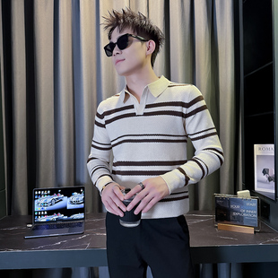 小码男装秋冬矮小个子S号XS毛衣翻领条纹修身男士休闲针织打底衫