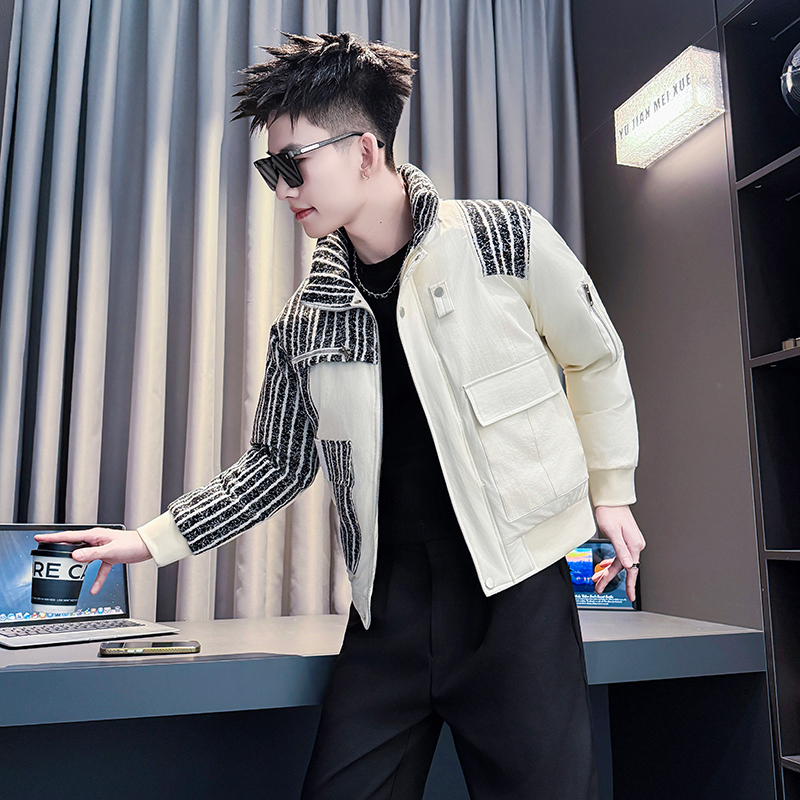 155矮小个子潮牌条纹棉服S号XS小码男士立领棉袄加厚流行棉衣外套