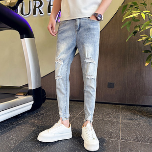 矮个子26号小脚破洞休闲牛仔裤 小码 浅色九分裤 社会青年27码 男裤