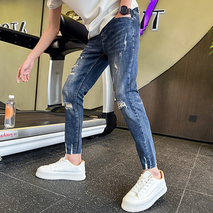 XS155矮个子牛仔裤男26码27修身小脚九分裤子个性破洞显瘦乞丐裤