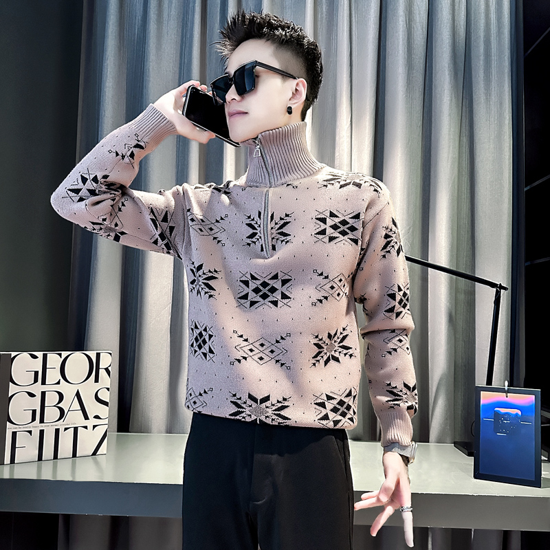小码男装秋冬拉链立领针织衫矮个子S号XS修身毛衣打底衫提花毛衣