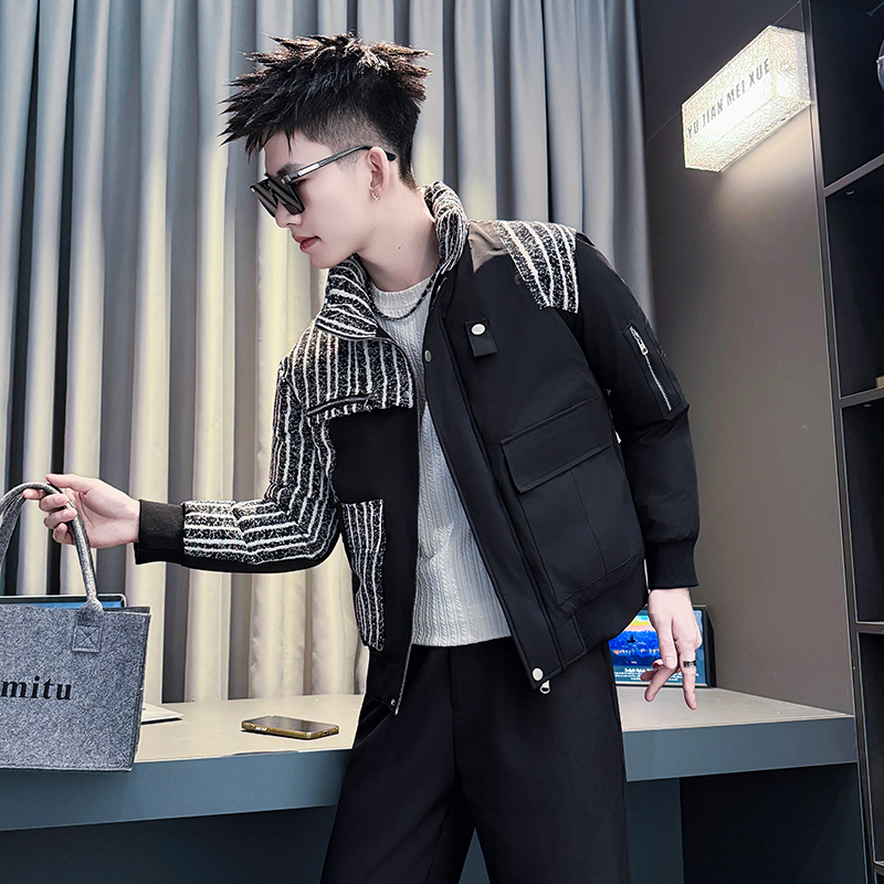 潮牌条纹棉服小码男士矮小个子S号XS码立领加厚流行棉衣外套棉袄