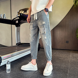 男矮小个26号27潮牌网红刮烂破洞小脚九分裤 XS小码 春夏哈伦牛仔裤