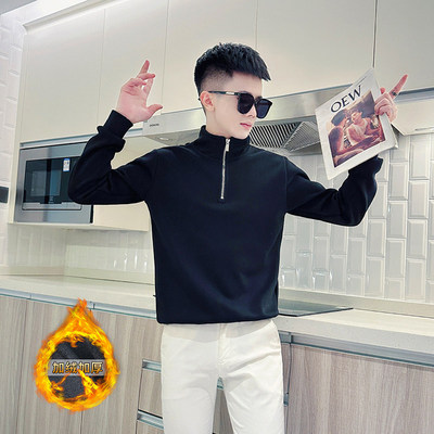 秋冬季半拉链卫衣男短款修身加绒打底衫矮个子S号XS小码T恤